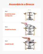 Chafing Dish Buffet Set, 5 Qt 4 Pack, Stainless Steel Chafer with 4 Full Size Pans, Gold