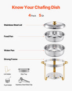 Chafing Dish Buffet Set, 5 Qt 4 Pack, Stainless Steel Chafer with 4 Full Size Pans, Gold