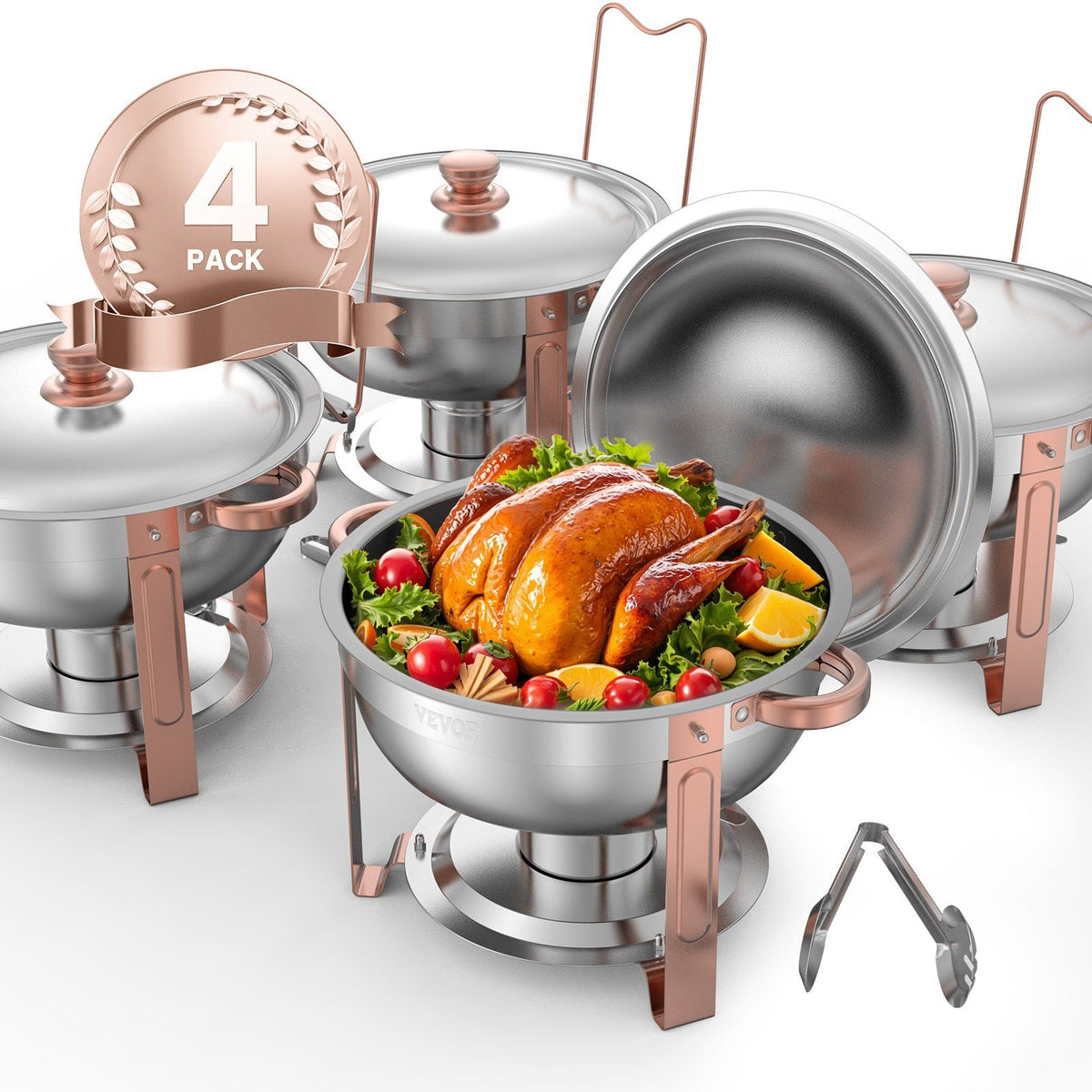 Chafing Dish Buffet Set, 5 Qt 4 Pack, Stainless Steel Chafer with 4 Full Size Pans, Rose Gold - Flavour Fushion Cooking Shop