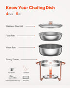 Chafing Dish Buffet Set, 5 Qt 4 Pack, Stainless Steel Chafer with 4 Full Size Pans, Rose Gold