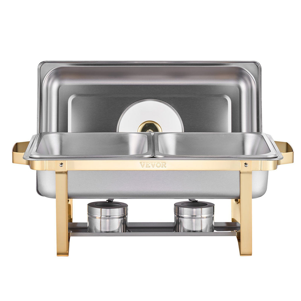Chafing Dish Buffet Set, 4 Qt 2 Pack, Stainless Steel Chafer with 4 Half Size Pans, Rectangle Catering Warmer Server with Glass Lid Water Pan Folding Stand Fuel Holder, for Wedding Party Banquet