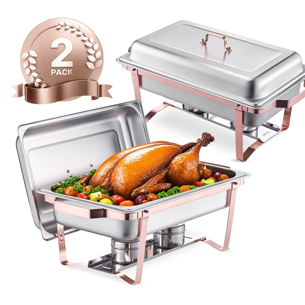 Chafing Dish Buffet Set, 8 Qt 2 Pack, Stainless Steel Chafer with 2 Full Size Pans, Rectangle Catering Warmer Server with Lid Water Pan Stand Fuel Holder, for Wedding Party Banquet, Rose Gold