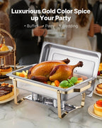 Chafing Dish Buffet Set, 8 Qt 4 Pack, Stainless Steel Chafer with 2 Full Size and 4 Half Size Pans, Gold