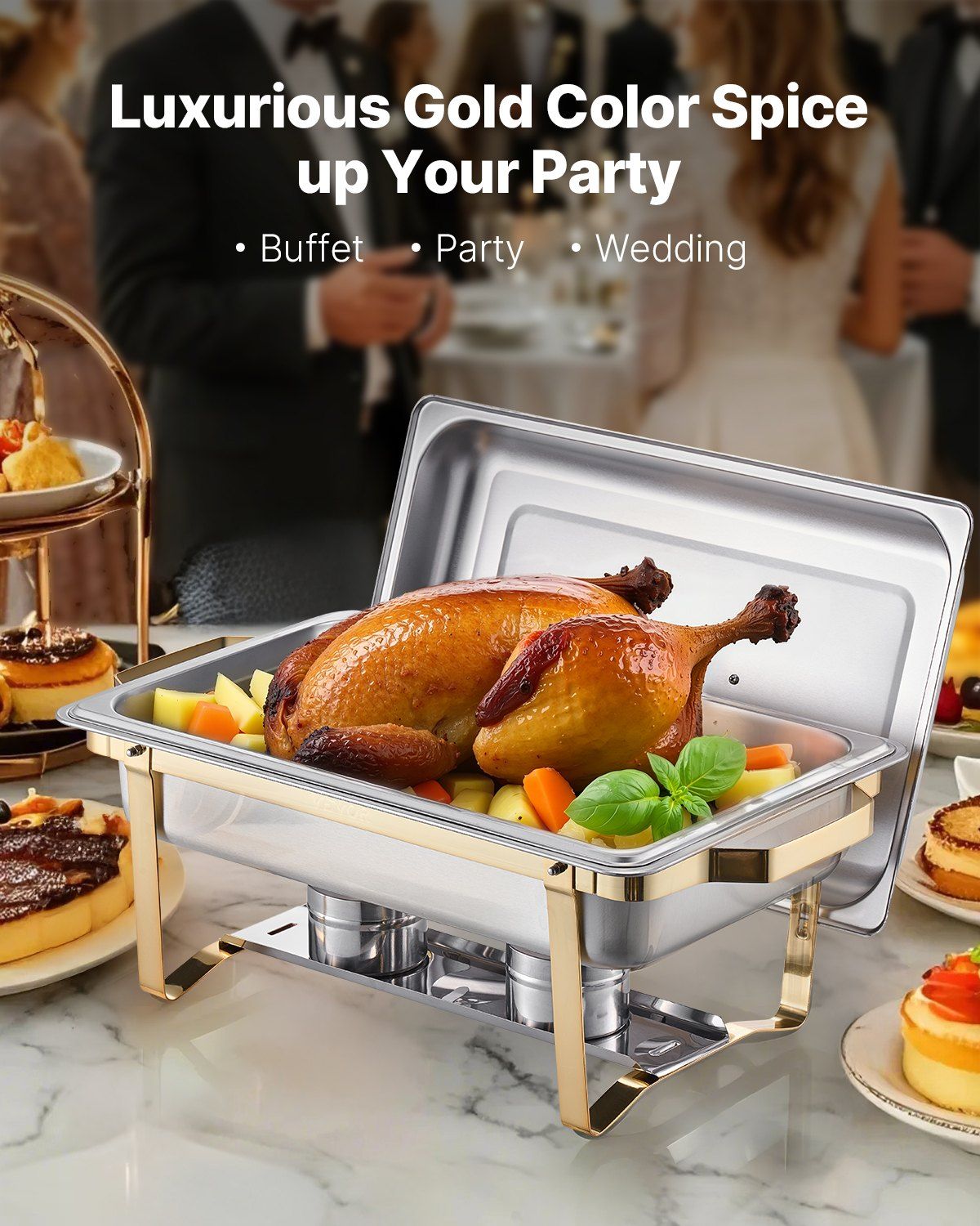 Chafing Dish Buffet Set, 8 Qt 4 Pack, Stainless Steel Chafer with 2 Full Size and 4 Half Size Pans, Gold - Flavour Fushion Cooking Shop