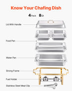 Chafing Dish Buffet Set, 8 Qt 4 Pack, Stainless Steel Chafer with 2 Full Size and 4 Half Size Pans, Gold
