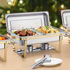 Chafing Dish Buffet Set, 8 Qt 4 Pack, Stainless Steel Chafer with 2 Full Size and 4 Half Size Pans, Gold
