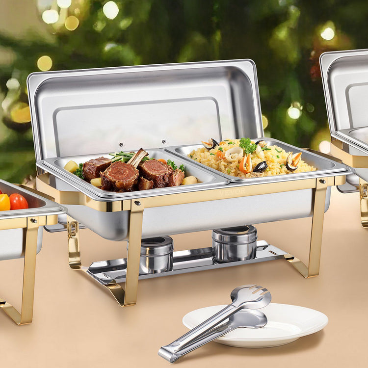Chafing Dish Buffet Set, 8 Qt 4 Pack, Stainless Steel Chafer with 2 Full Size and 4 Half Size Pans, Gold - Flavour Fushion Cooking Shop