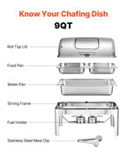 Roll Top Chafing Dish Buffet Complete Set, 9 Qt 1 Pack Stainless Steel Chafer