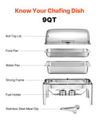 Roll Top Chafing Dish Buffet Complete Set, 9Qt Stainless Steel Chafer with Full Size Pan