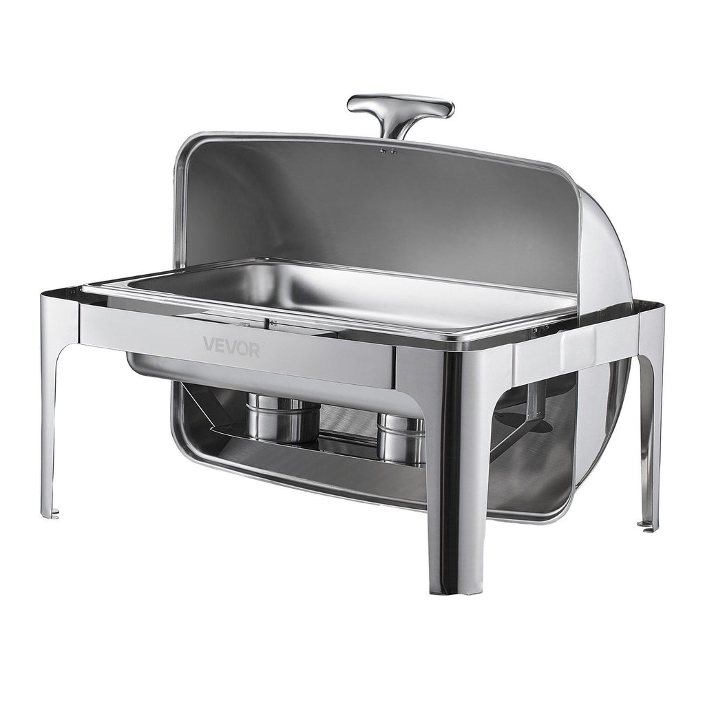 Roll Top Chafing Dish Buffet Complete Set, 9Qt Stainless Steel Chafer with Full Size Pan, Rectangle Catering Warmer Server with Lid Water Pan Folding Stand Fuel Holder Meal Clip, Silver