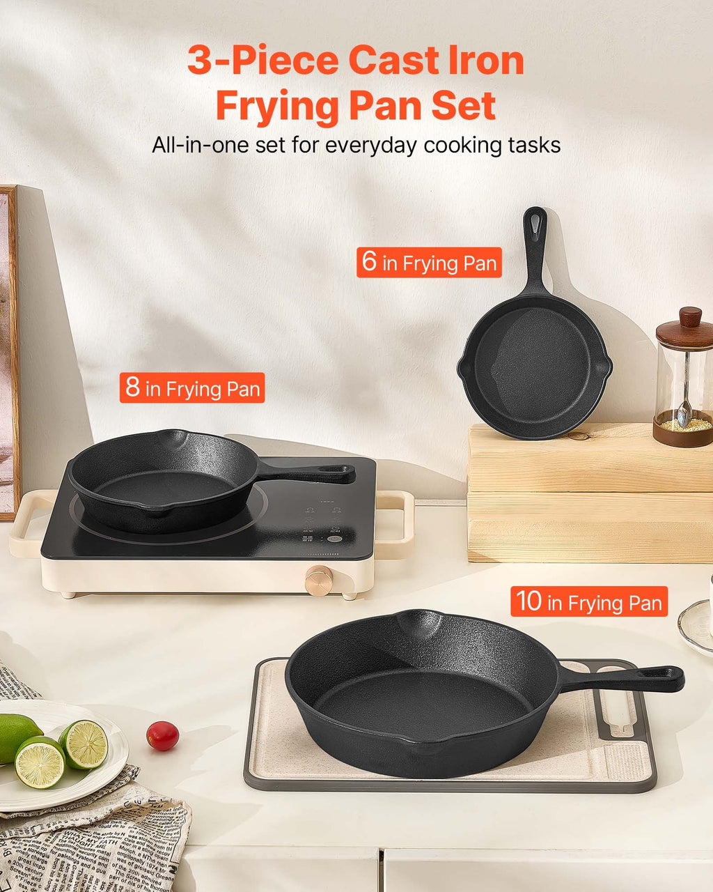 3-Piece Cast Iron Skillet Set 160, 220 & 265mm – Black