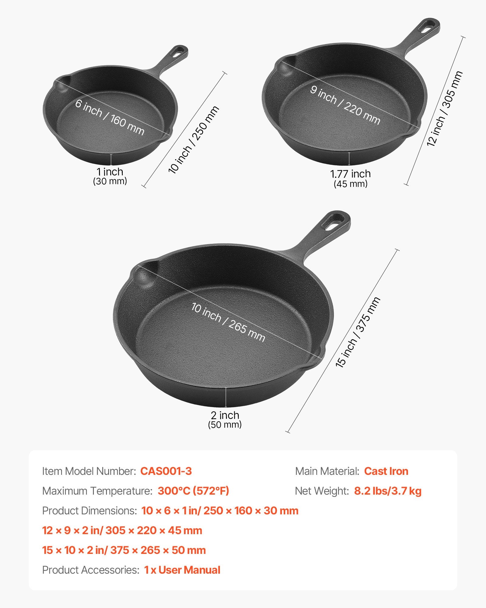 3-Piece Cast Iron Skillet Set 160, 220 & 265mm – Black