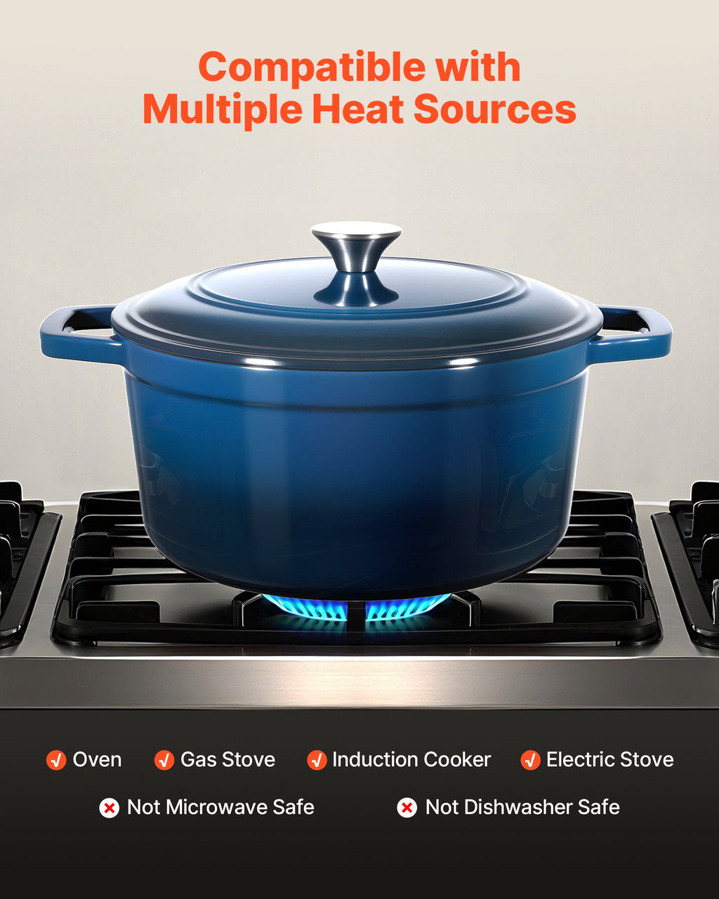 Enameled Cast Iron Dutch Oven, 5.7L Pot with Lid and Dual Handles, Heavy-Duty Durable Cookware Pan, Oven Induction Compatible up to 260 ℃, for Braising, Stews, Roasting, Bread Baking, Blue
