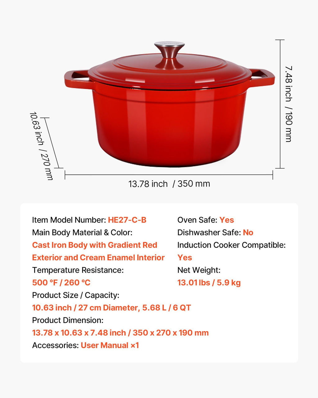 Enameled Cast Iron Dutch Oven 5.7L – Red