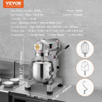 Commercial Food Mixer, 10L Commercial Stand Mixer with 3 Adjustable Speeds, 550W