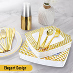 Elegant Gold-Trim Disposable Tableware Set - 175pcs Event Ready