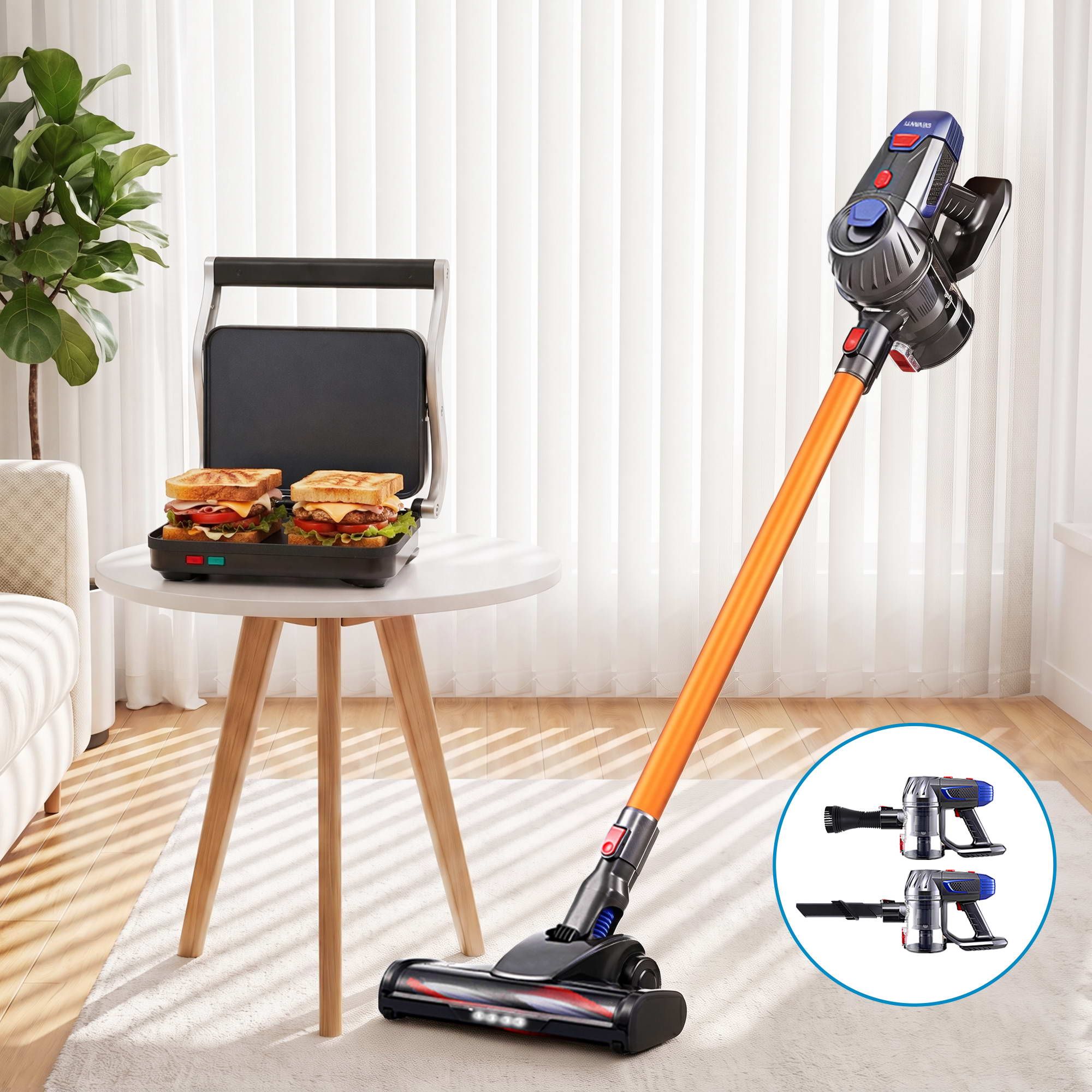 Devanti K7 Cordless Stick Vacuum & Sandwich Maker Panini Press Combo