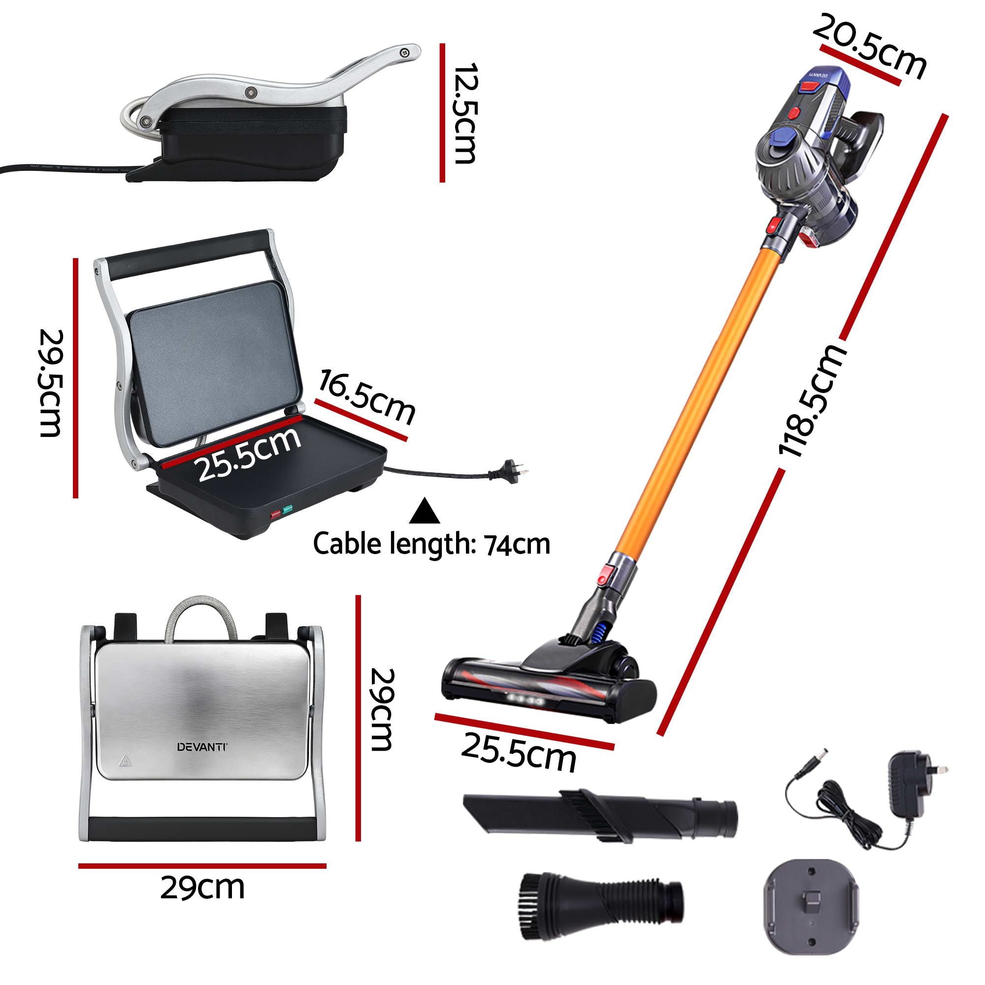 Devanti K7 Cordless Stick Vacuum & Sandwich Maker Panini Press Combo