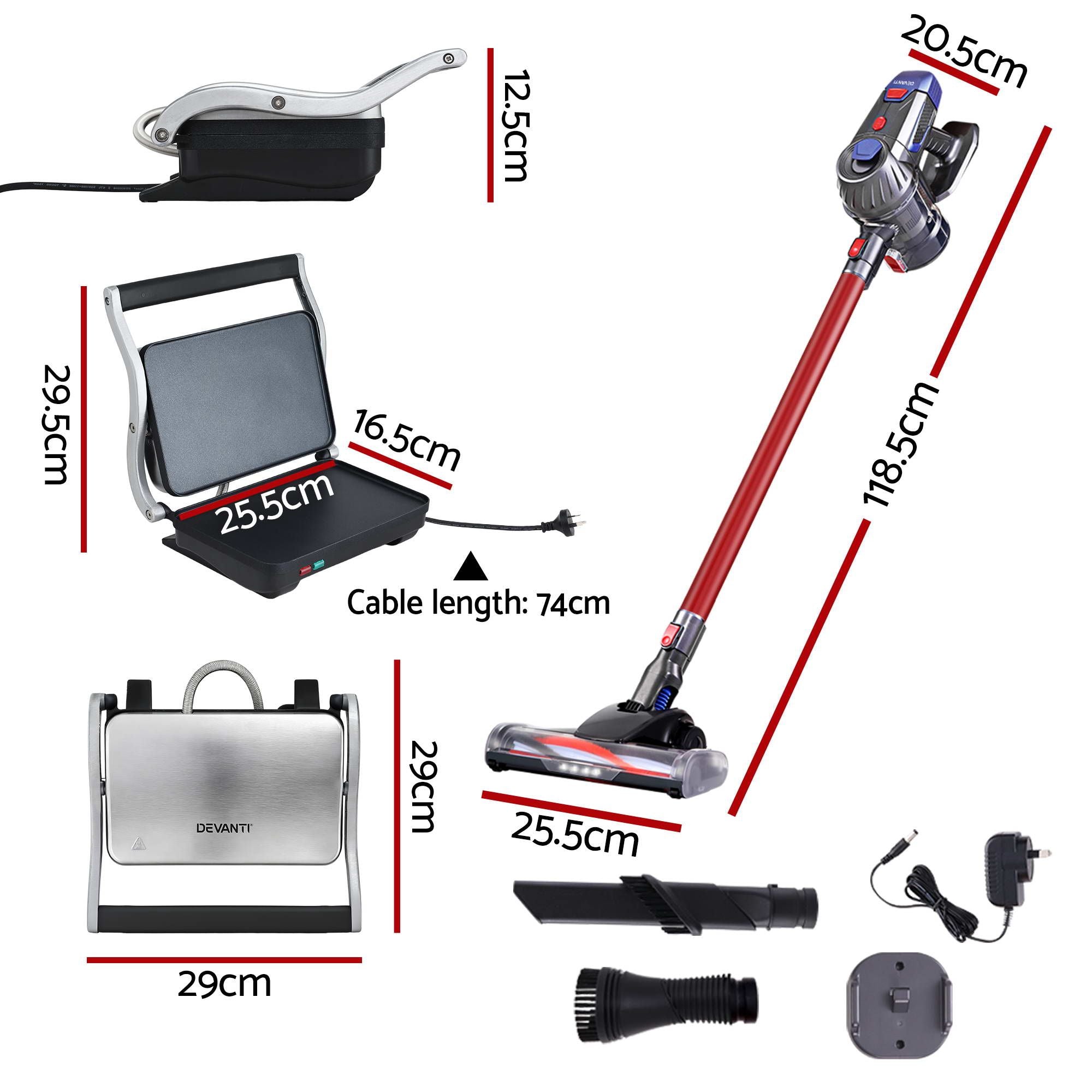Devanti K7 Cordless Stick Vacuum & Sandwich Maker Panini Press Combo – Red