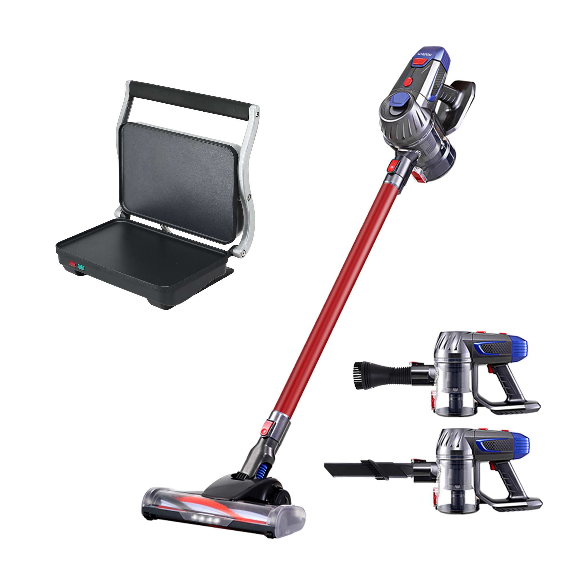 Devanti K7 Cordless Stick Vacuum & Sandwich Maker Panini Press Combo – Red