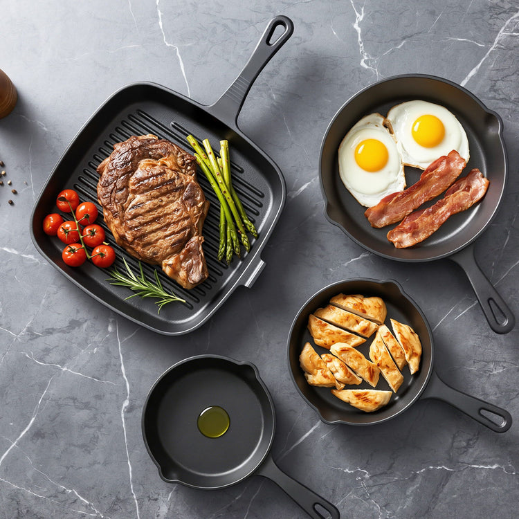 5-Star Chef Cast Iron Fry Pan Skillet Set – 4 Sizes 14-24cm - Flavour Fushion Cooking Shop