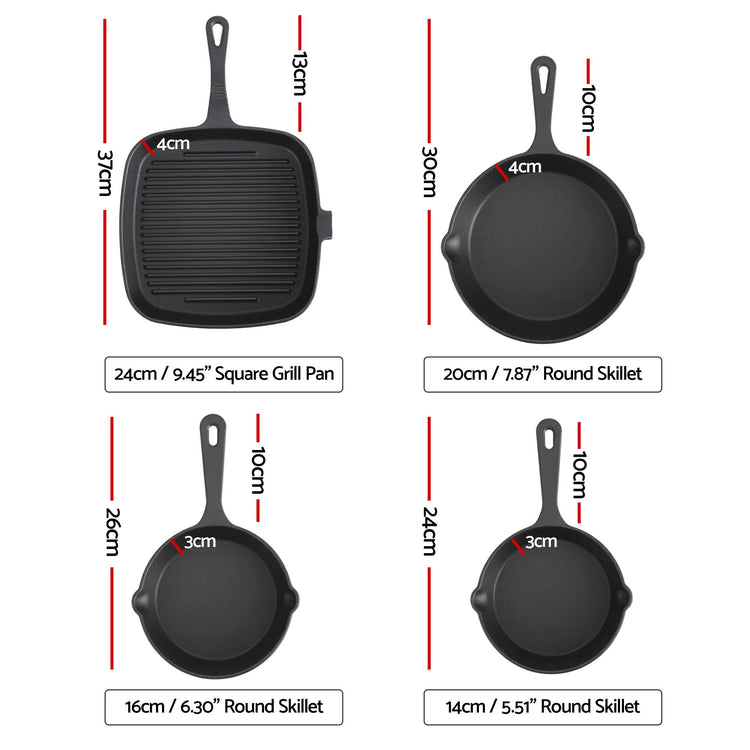 5-Star Chef Cast Iron Fry Pan Skillet Set – 4 Sizes 14-24cm - Flavour Fushion Cooking Shop