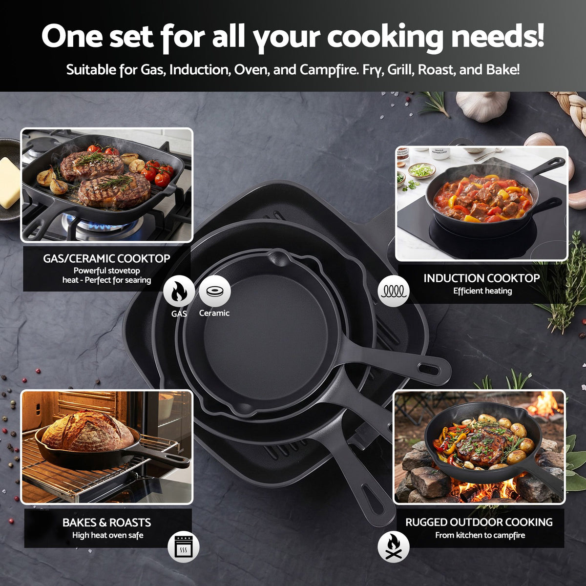 5-Star Chef Cast Iron Fry Pan Skillet Set – 4 Sizes 14-24cm - Flavour Fushion Cooking Shop