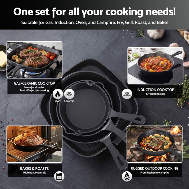 5-Star Chef Cast Iron Fry Pan Skillet Set – 4 Sizes 14-24cm - Flavour Fushion Cooking Shop
