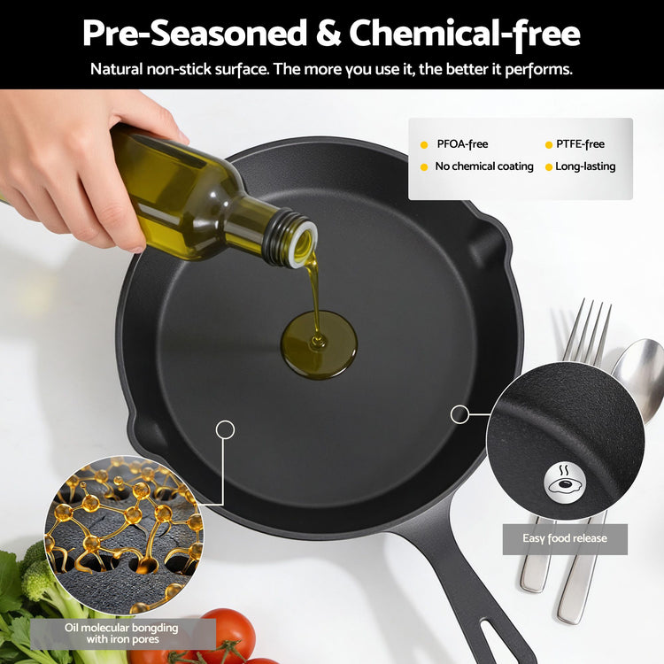5-Star Chef Cast Iron Fry Pan Skillet Set – 4 Sizes 14-24cm - Flavour Fushion Cooking Shop