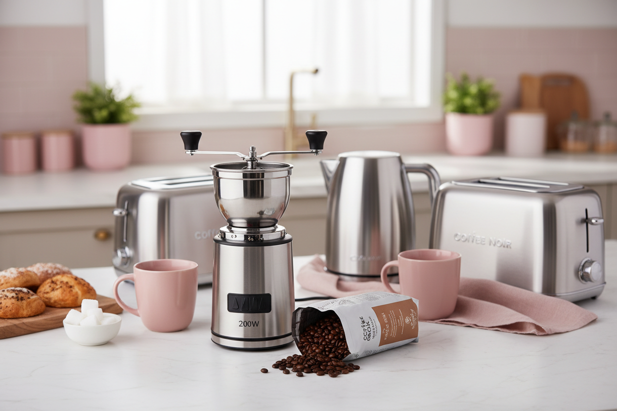 Coffee Pack Bundle featuring electric coffee grinder and breakfast set